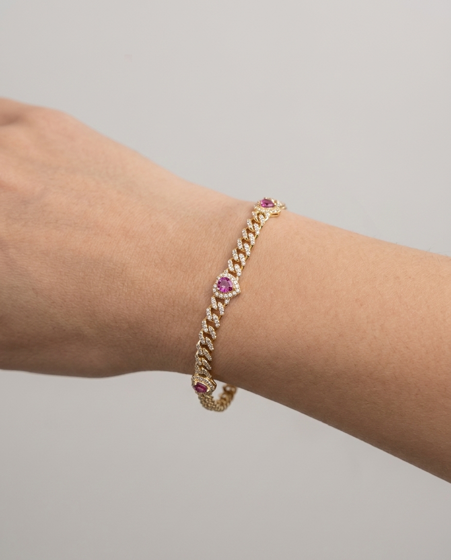 14KT Gold Pink Sapphire and Diamonds Heart Cuban Bracelet on model