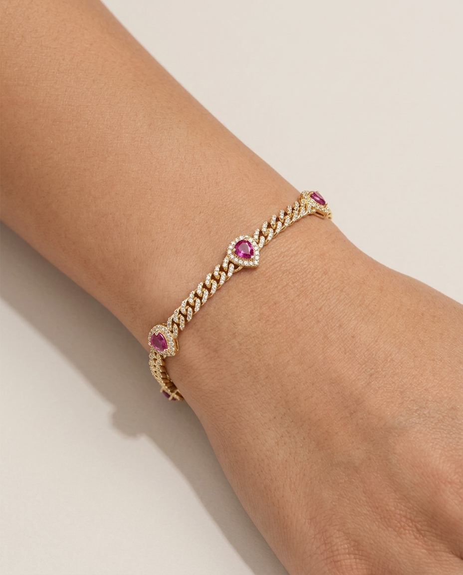 14KT Gold Pink Sapphire and Diamonds Heart Cuban Bracelet on model