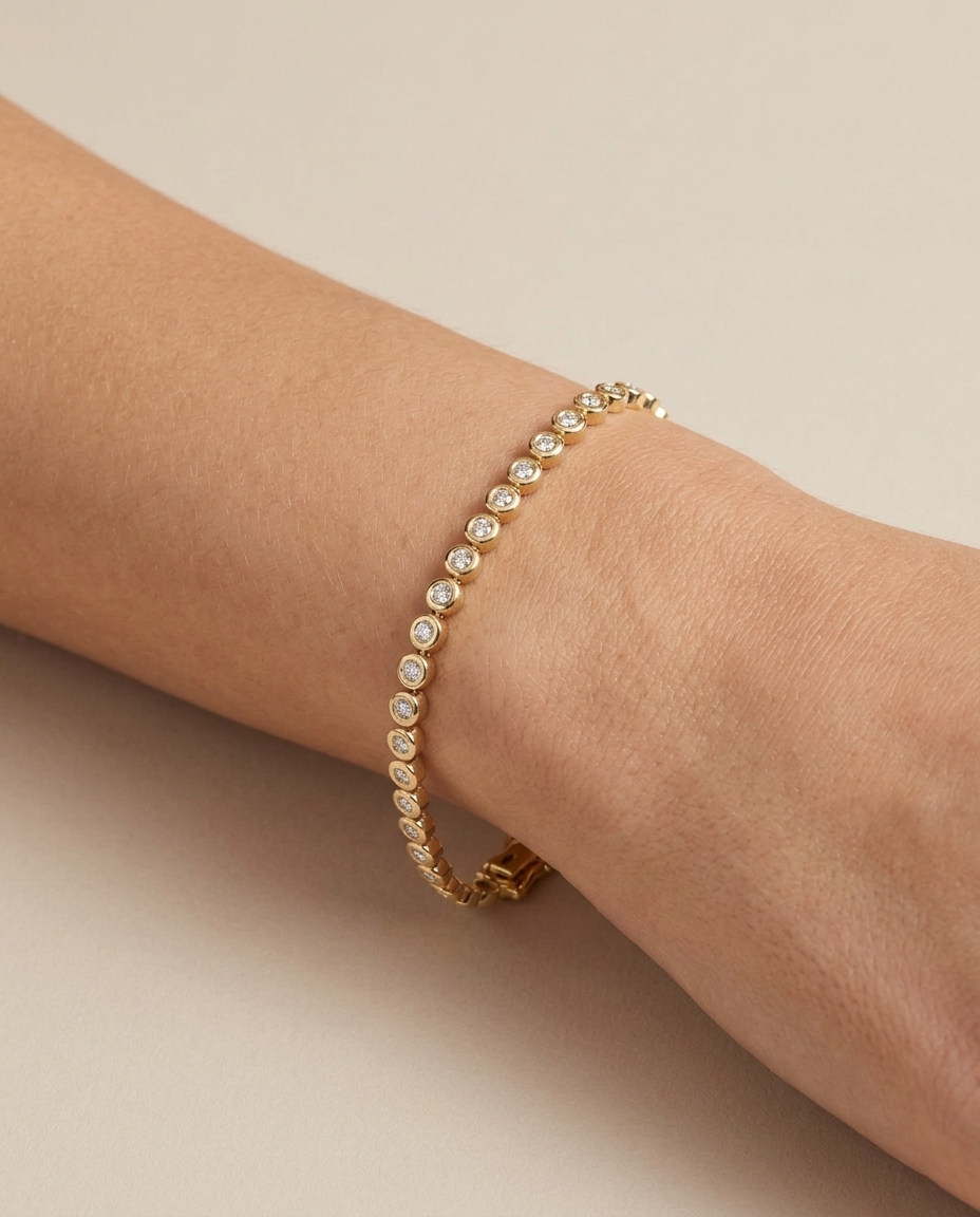 14KT Yellow Gold Diamond Bezel Tennis Bracelet on model