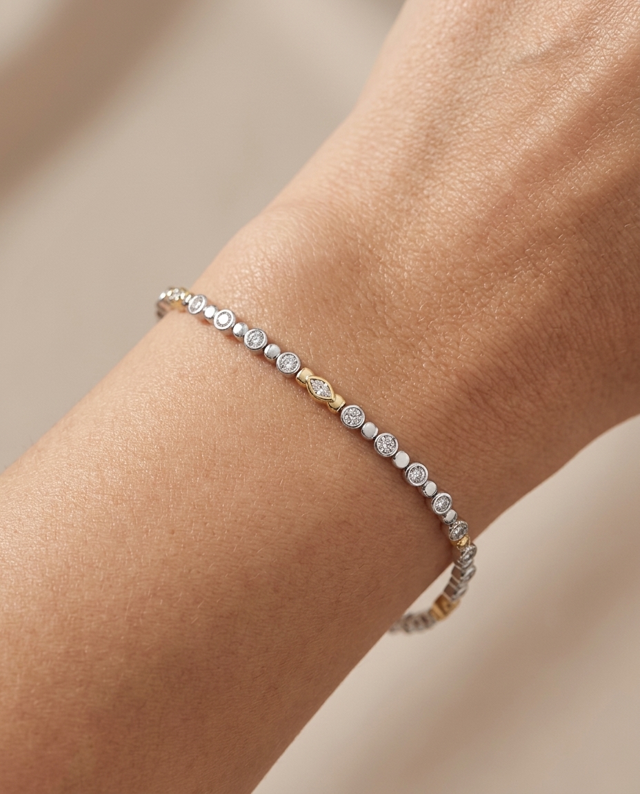 14KT Two Tone Diamond Bezel Tennis Bracelet on model