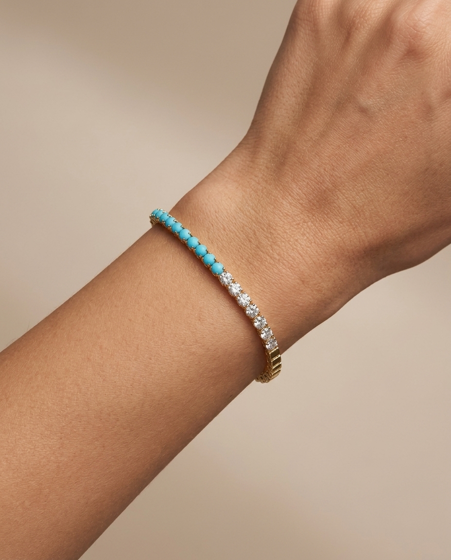 14KT Gold Turquoise and Diamonds Bracelet on model