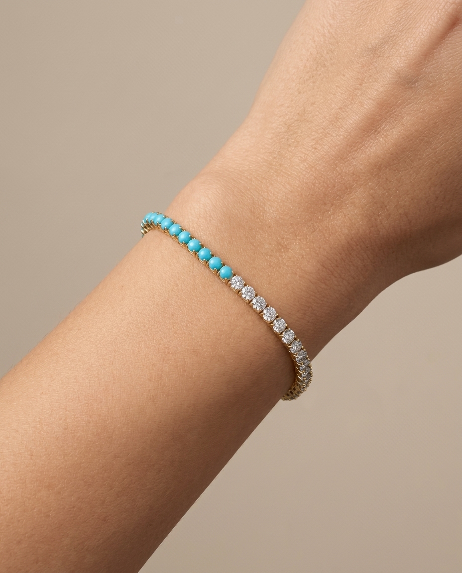 14KT Gold Turquoise and Diamonds Bracelet on model