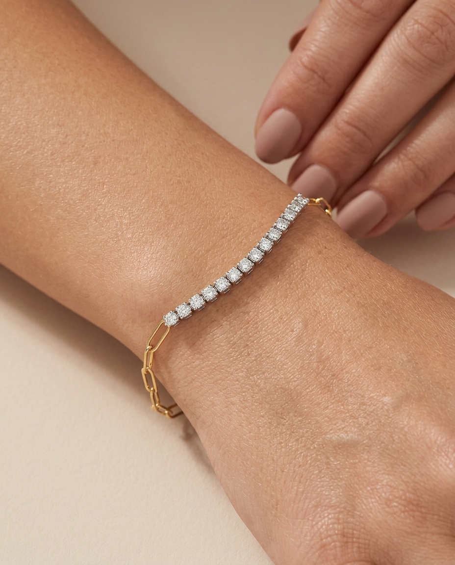14KT Diamond Tennis Bracelet with Paperclip on model
