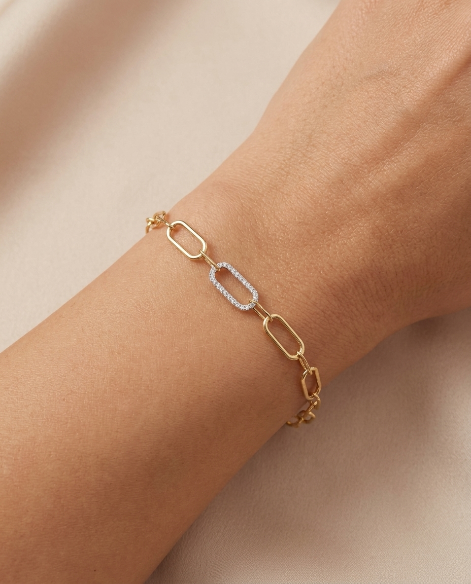 14KT Two Tone Diamond Paperclip Bracelet on model