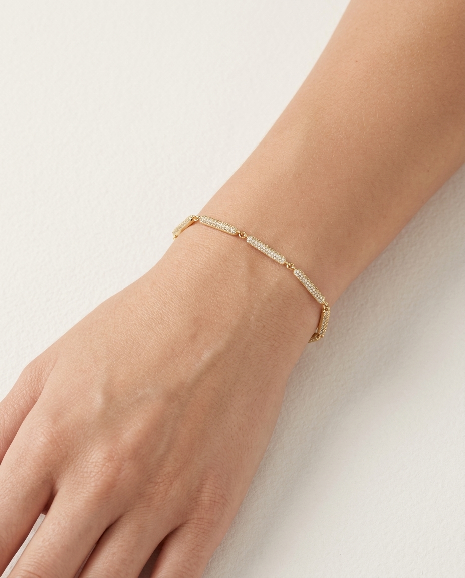 14KT Gold Diamond Bar Bracelet on model