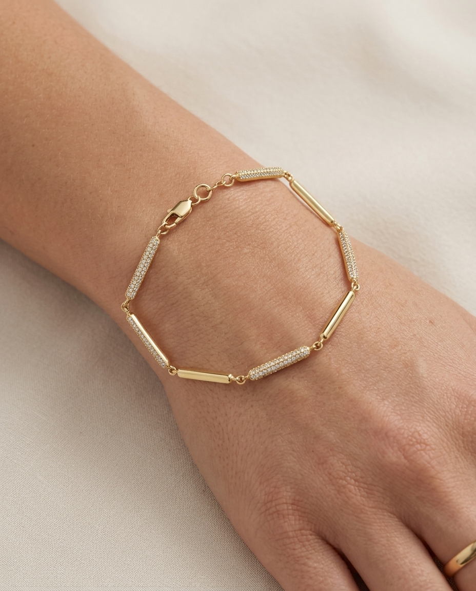 14KT Gold Diamond Bar Bracelet on model