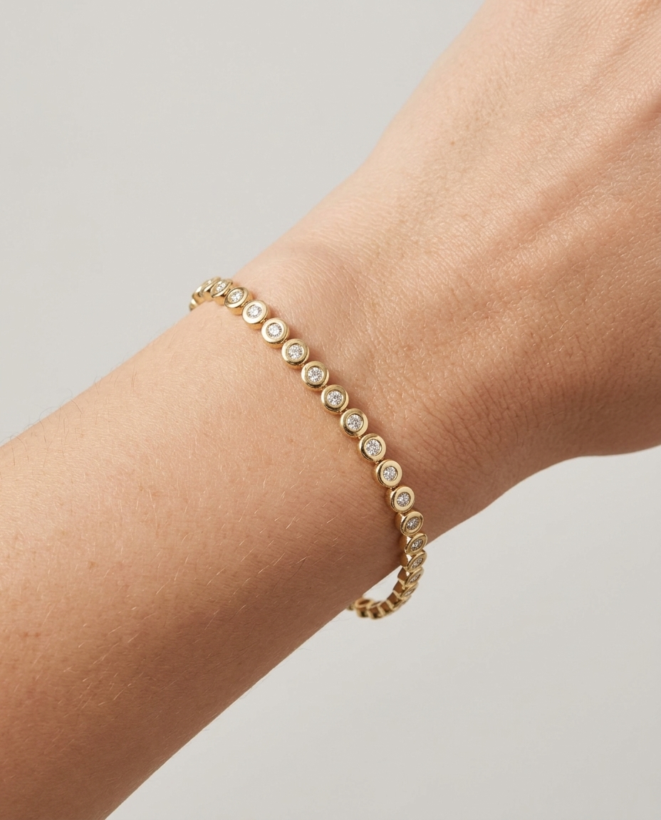 14KT Yellow Gold Diamond Bezel Tennis Bracelet on model
