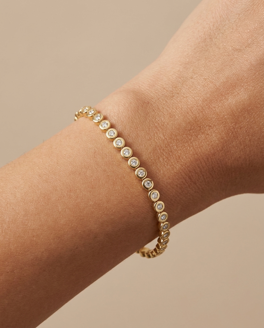 14KT Yellow Gold Diamond Bezel Tennis Bracelet on model