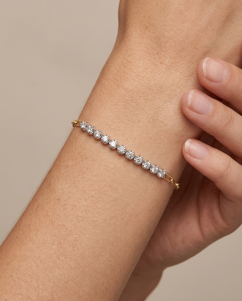 14KT Two Tone Gold Champagne Diamond Paperclip Bracelet on model