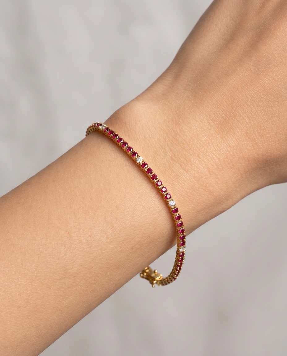 14KT Gold Diamond and Ruby Bracelet on model