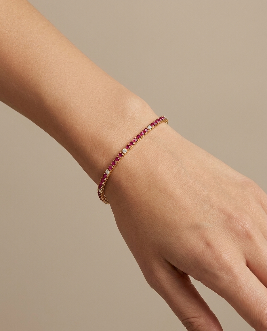 14KT Yellow Gold Ruby and Diamond Tennis Bracelet on model