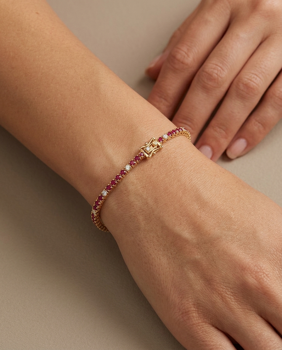 14KT Yellow Gold Ruby and Diamond Tennis Bracelet on model
