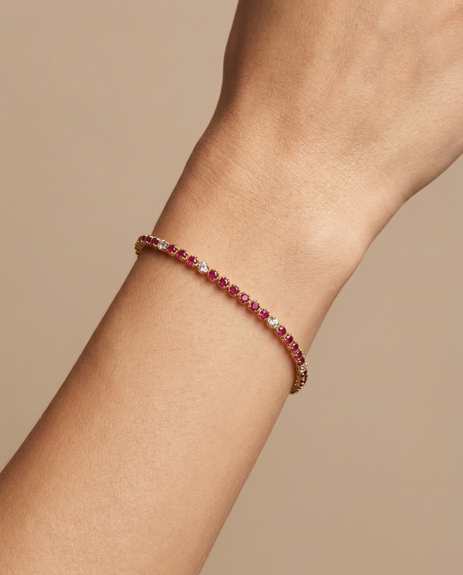 14KT Gold Diamond and Ruby Bracelet on model