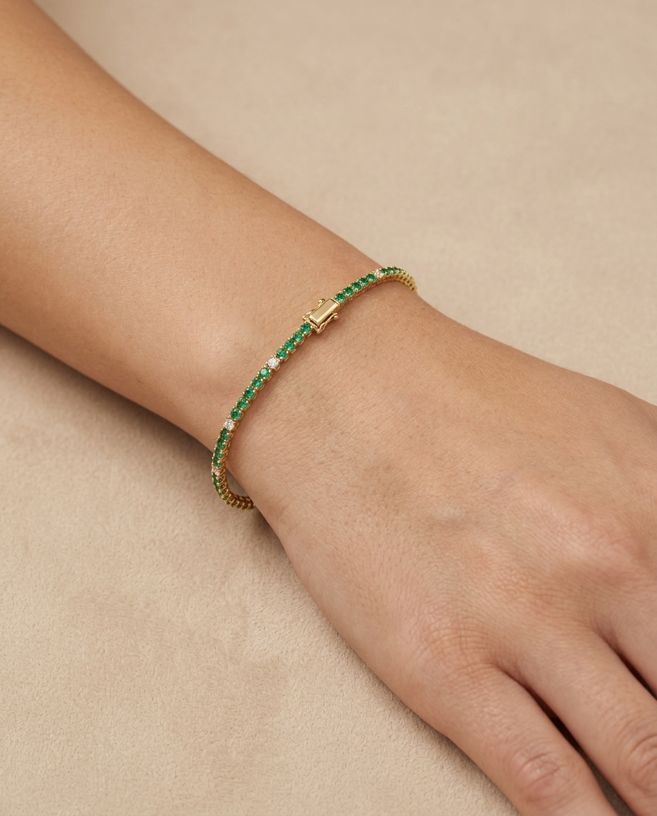 14KT Yellow Gold Emerald and Diamond Tennis Bracelet on model
