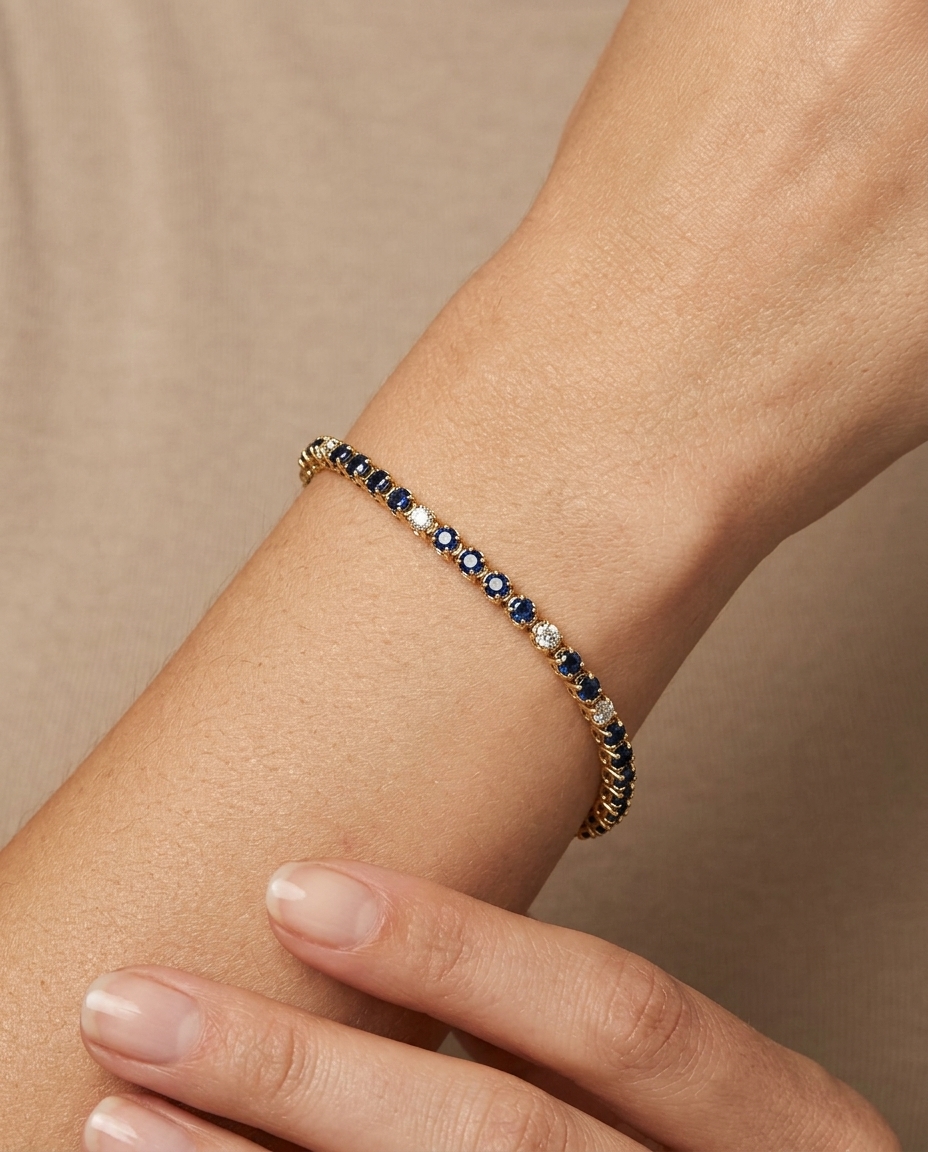 14KT Gold Blue Sapphire and Diamond Tennis Bracelet on model