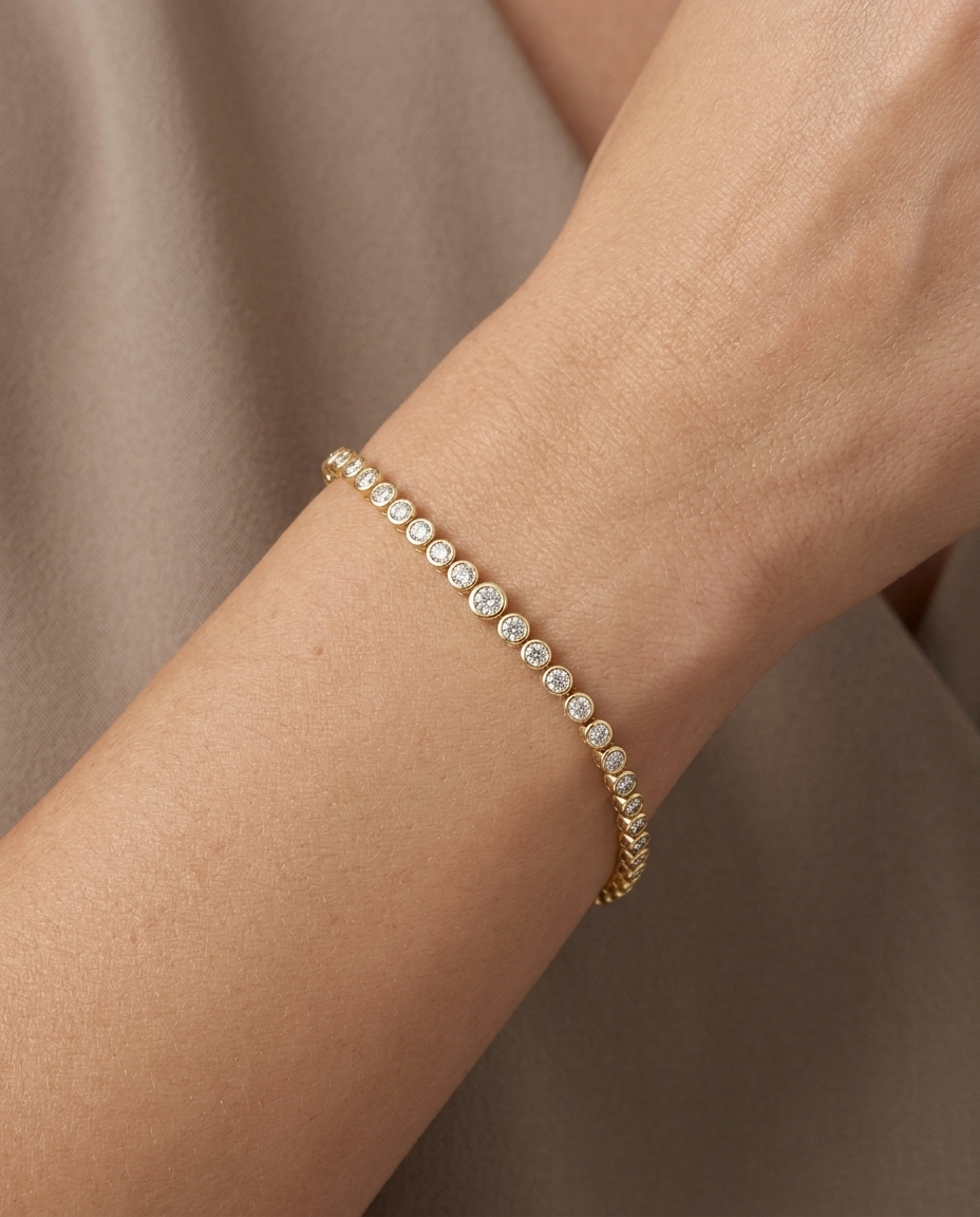 14KT Yellow Gold Bezeled Diamonds Bracelet on model