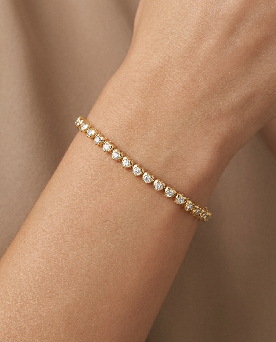 14KT Yellow Gold Diamond Heart Shape Bracelet on model