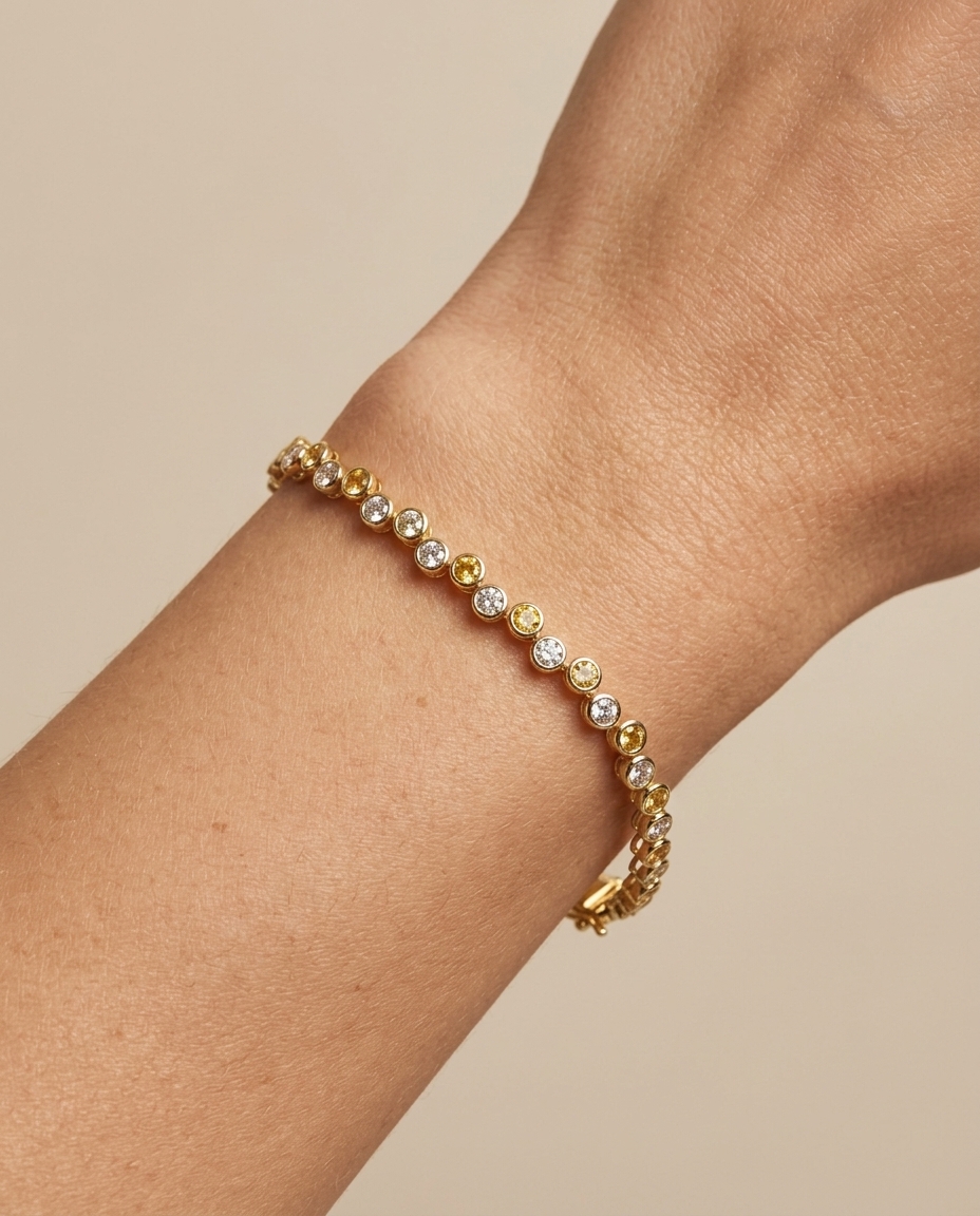 14KT Yellow Gold Bezeled Diamonds Bracelet on model
