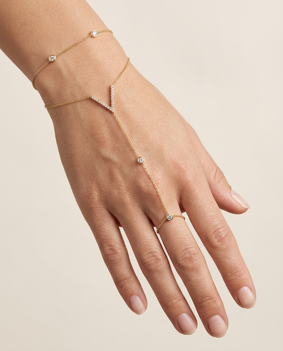 14KT Yellow Gold Diamonds Hand Chain on model