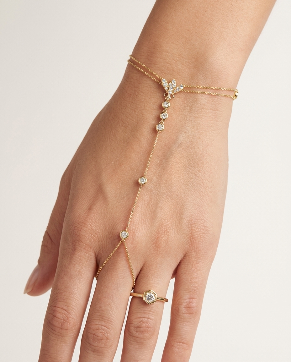 14KT Yellow Gold Diamonds Hand Chain on model