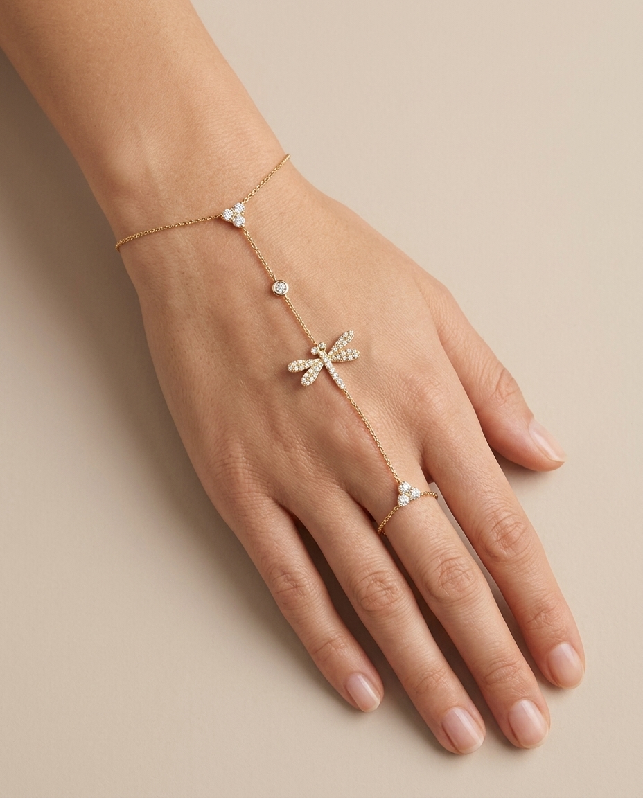 14KT Yellow Gold Diamonds Hand Chain on model