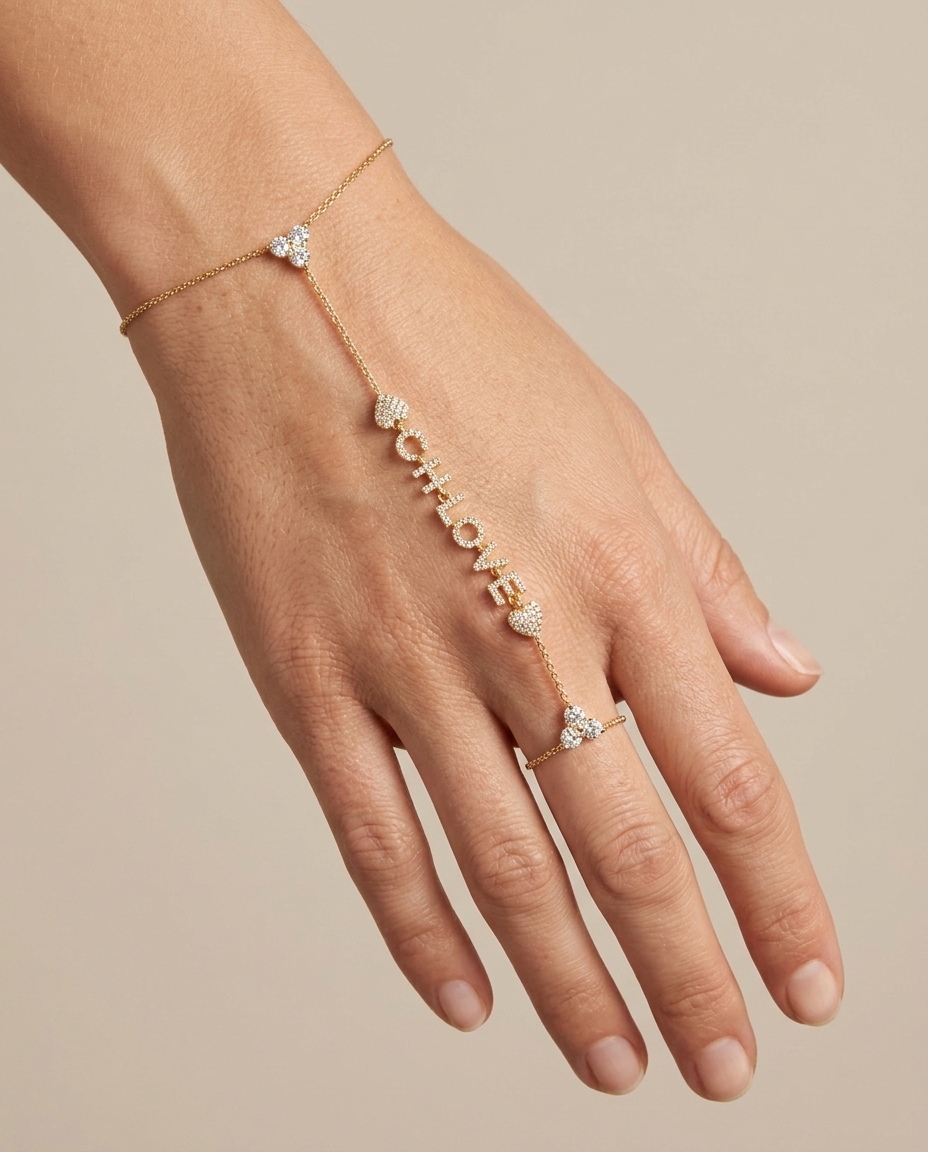 14KT Yellow Gold Diamonds Hand Chain on model
