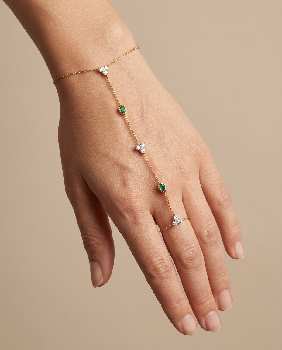 14KT Yellow Gold Diamonds and Emerald Hand Chain on model