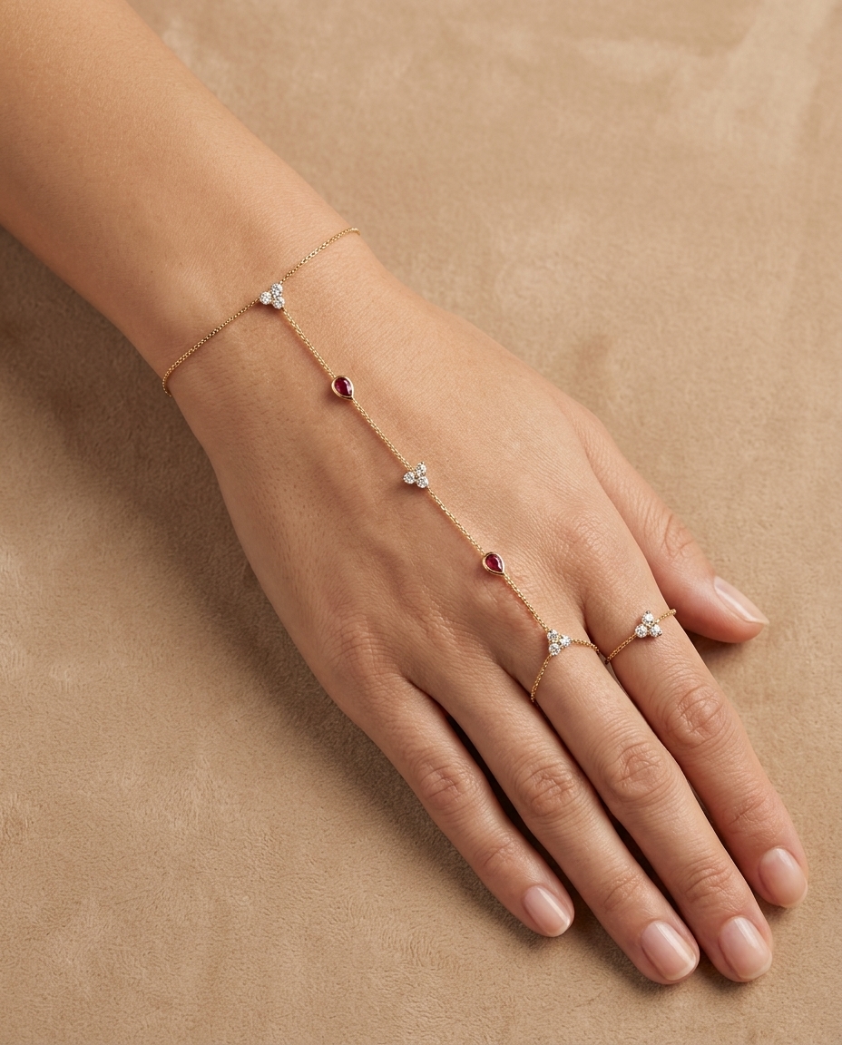 14KT Yellow Gold Diamonds and Ruby Hand Chain on model