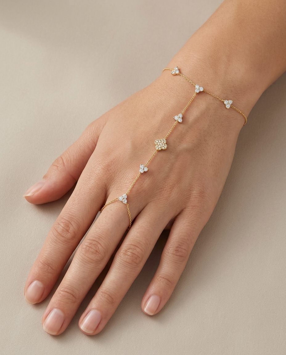 14KT Yellow Gold Diamonds Hand Chain on model