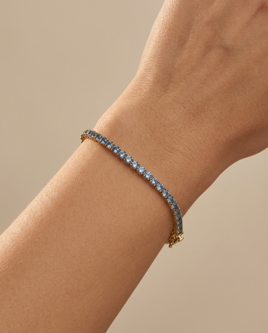 14KT Yellow Gold Aquamarine Tennis Bracelet on model