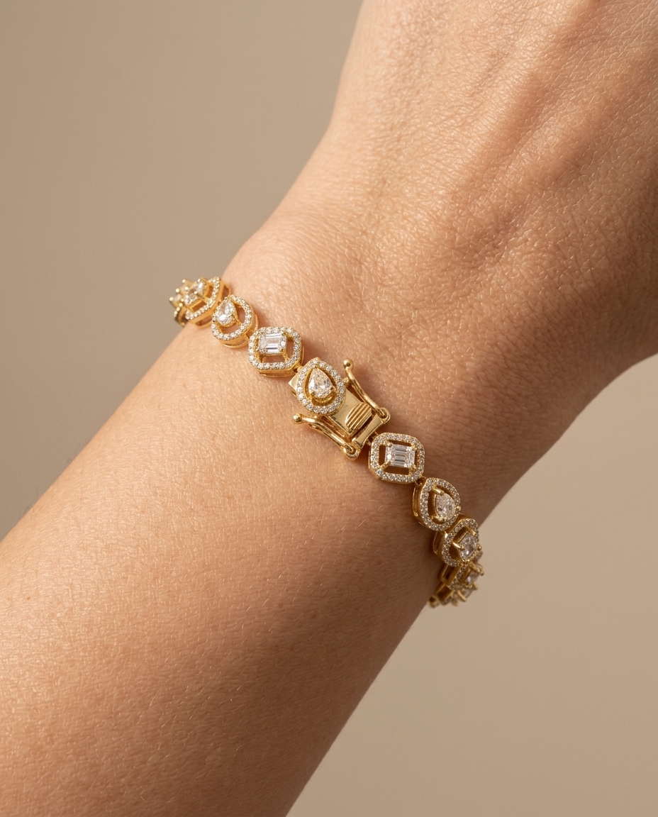 14KT Yellow Gold Diamond Halo Bracelet on model