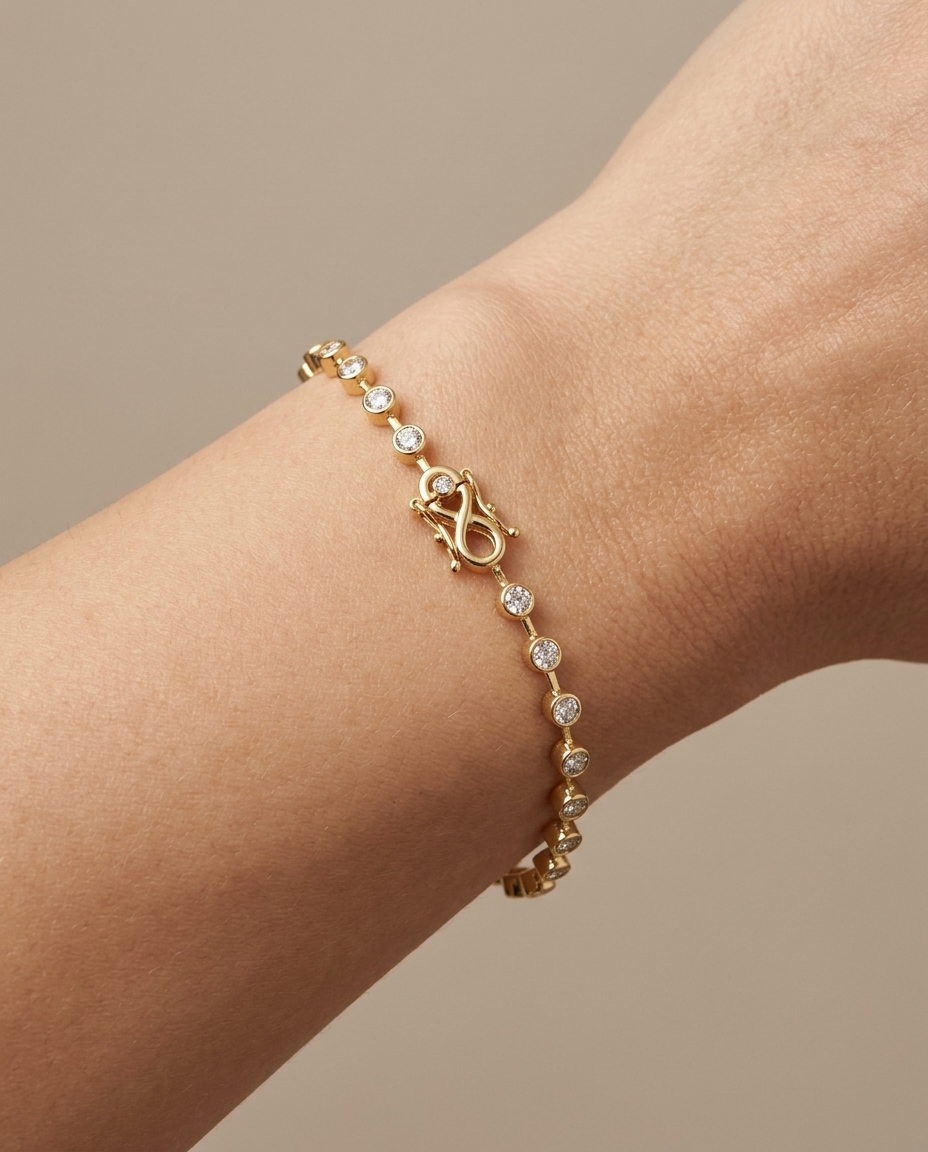 14KT Gold Station Diamond Bezel Tennis Bracelet (2.00 CTS) on model