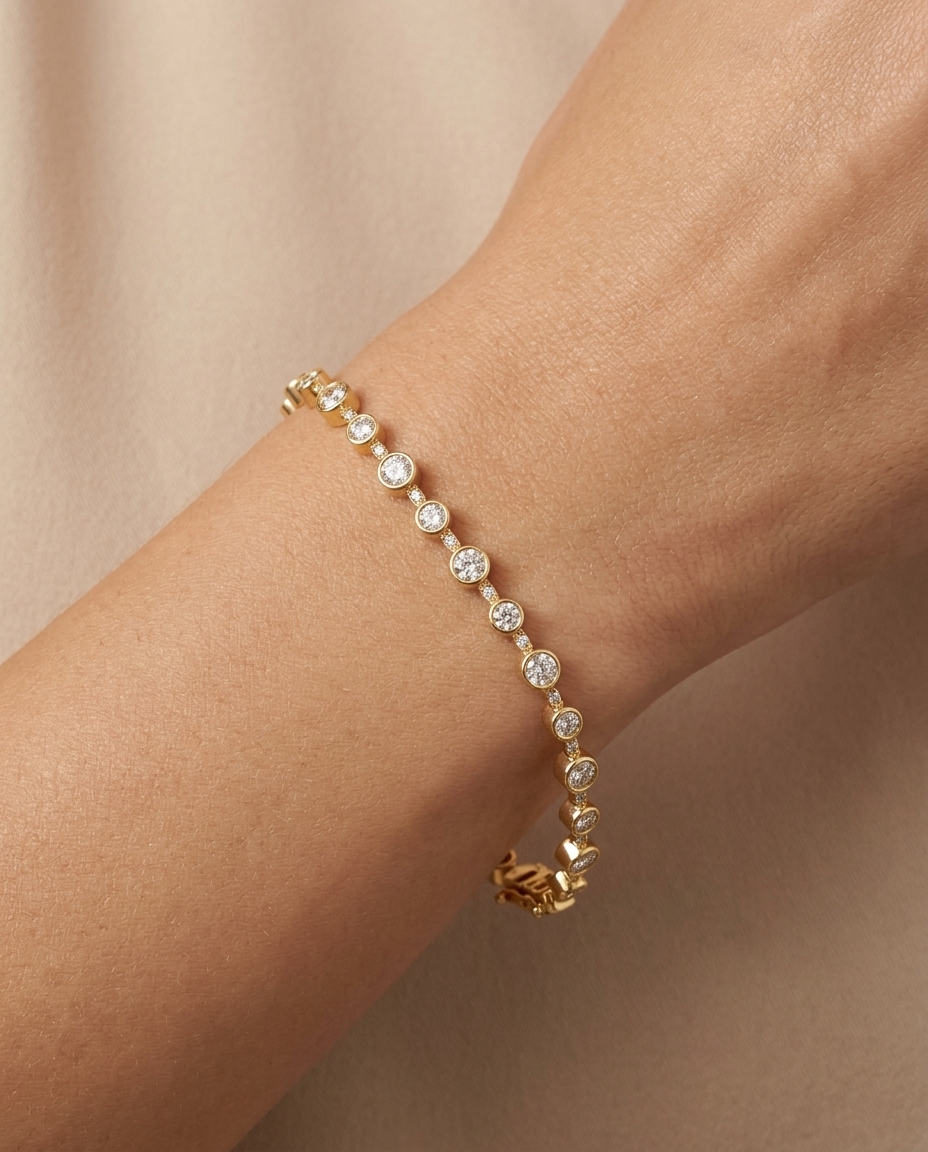 14KT Gold Station Diamond Bezel Tennis Bracelet (2.50 CTS) on model