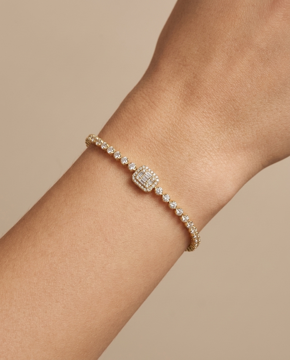 Diamond Tennis Bracelet with Baguette Diamonds on model