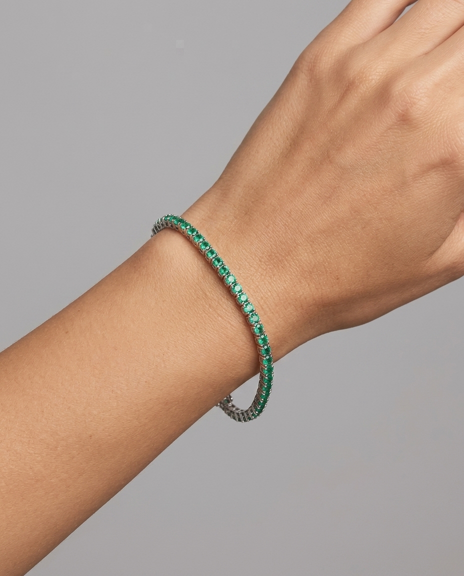 14KT White Gold Emerald Tennis Bracelet on model