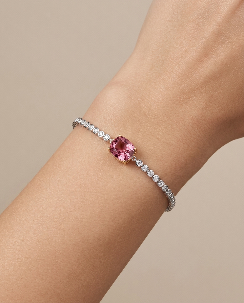 14KT White Gold Tourmaline and Diamonds Bezel Tennis Bracelet on model
