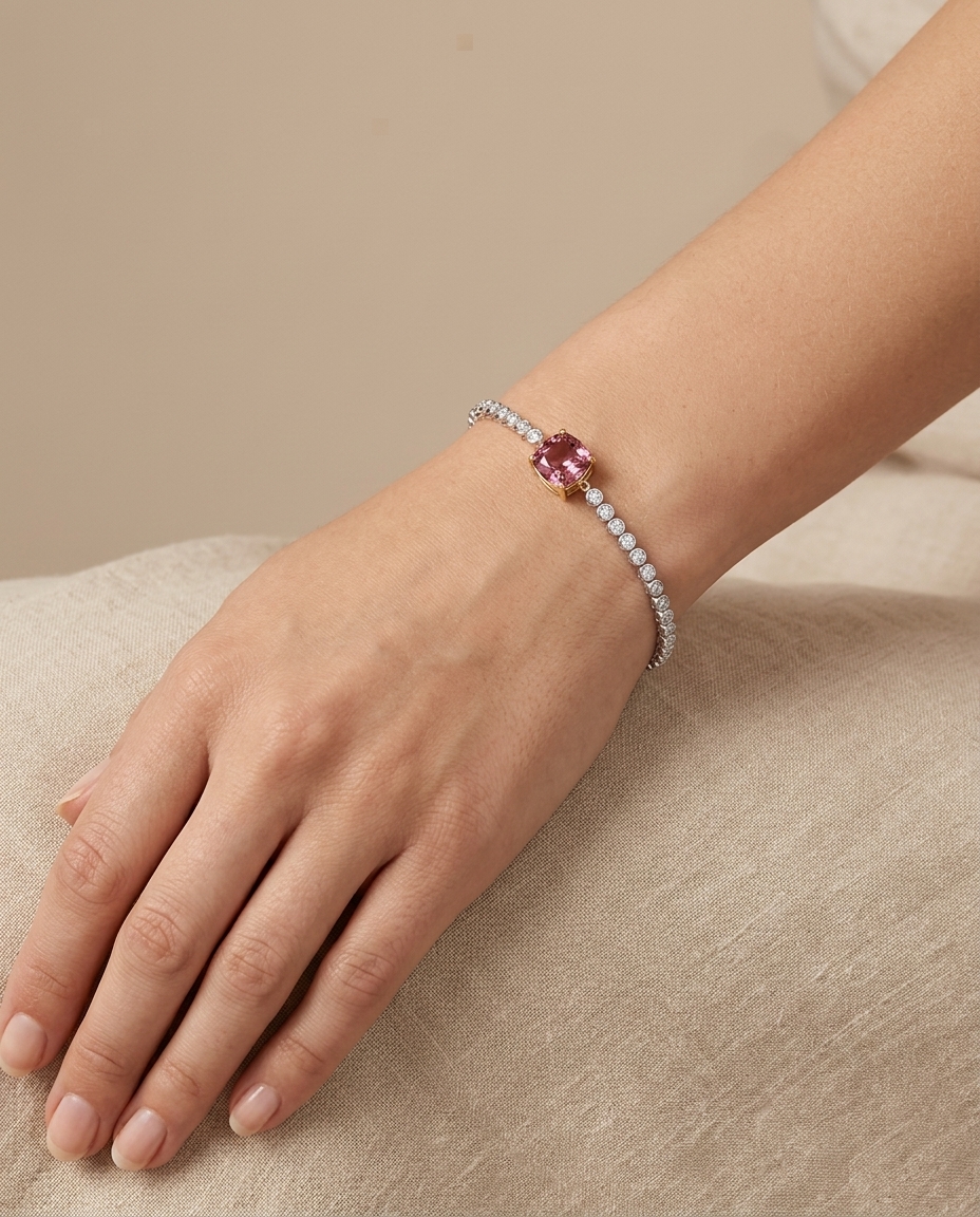 14KT White Gold Tourmaline and Diamonds Bezel Tennis Bracelet on model