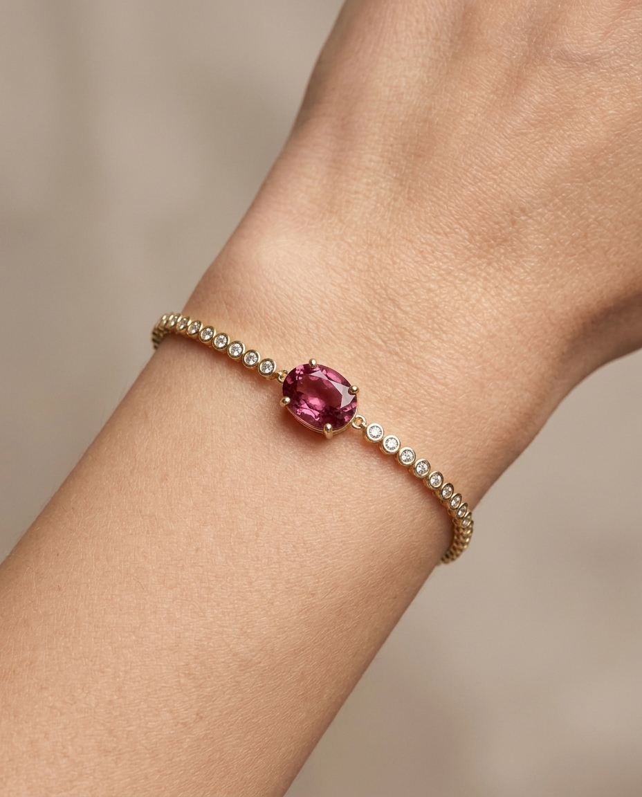 14KT Yellow Gold Tourmaline and Diamonds Bezel Tennis Bracelet on model
