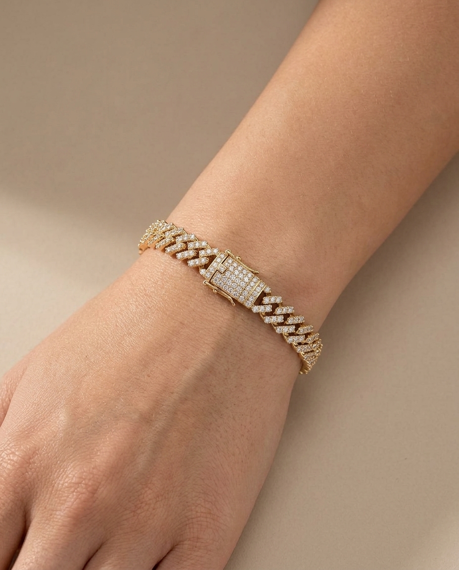 14KT Yellow Gold Diamond Cuban Bracelet on model
