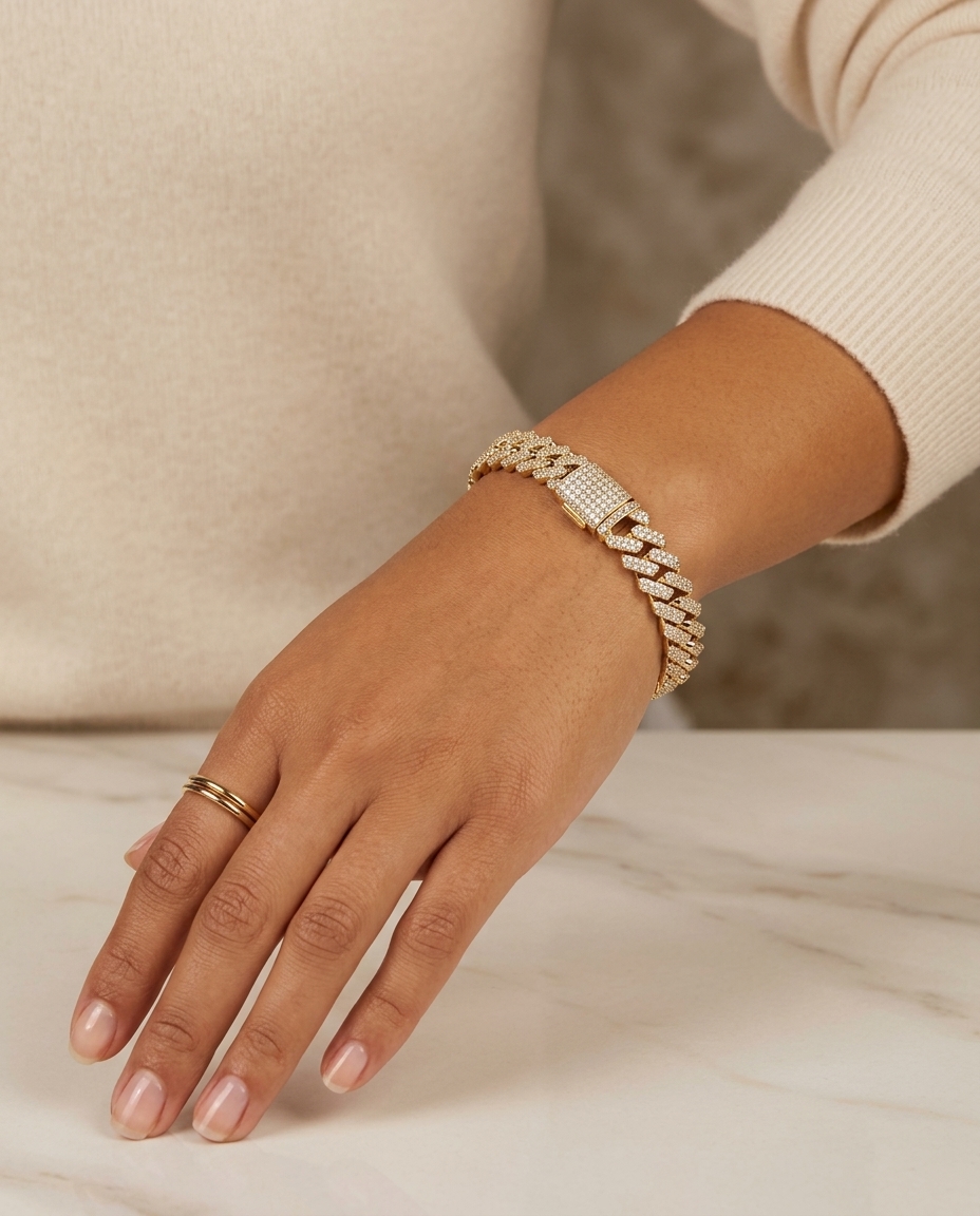 14KT Gold Diamonds Square Cuban Bracelet (11 MM) on model