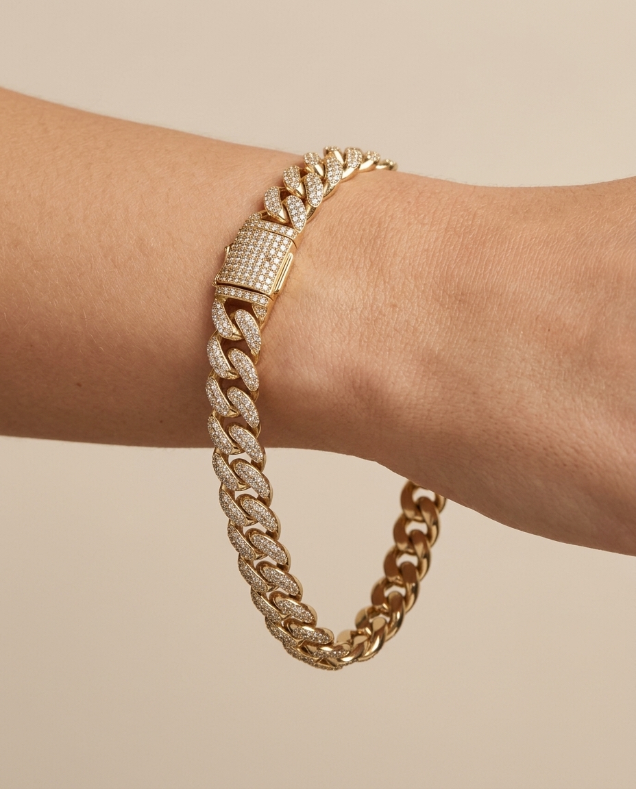 14KT Gold Diamond Miami Cuban Bracelet on model