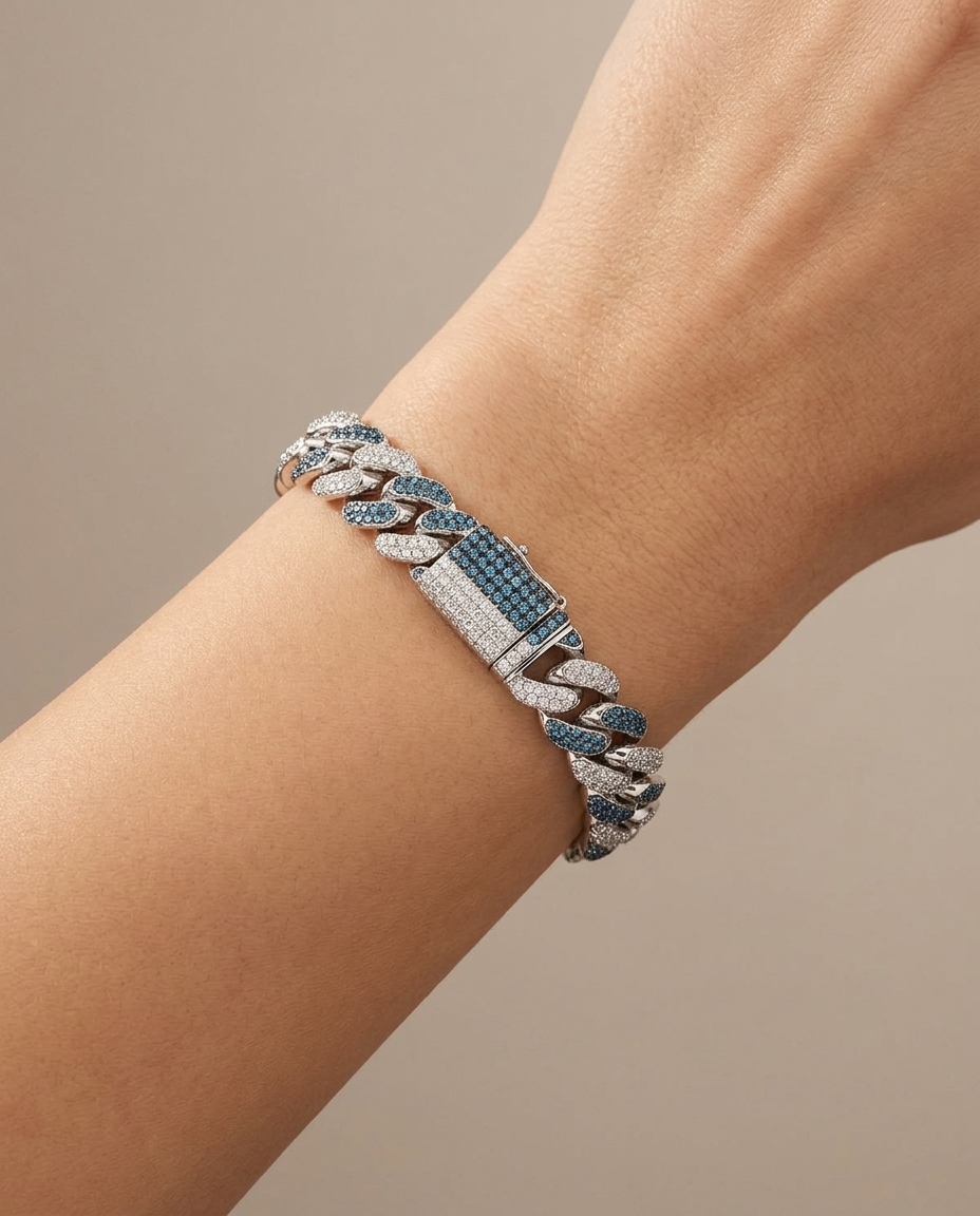 14KT Gold White and Blue Diamond Miami Cuban Bracelet on model