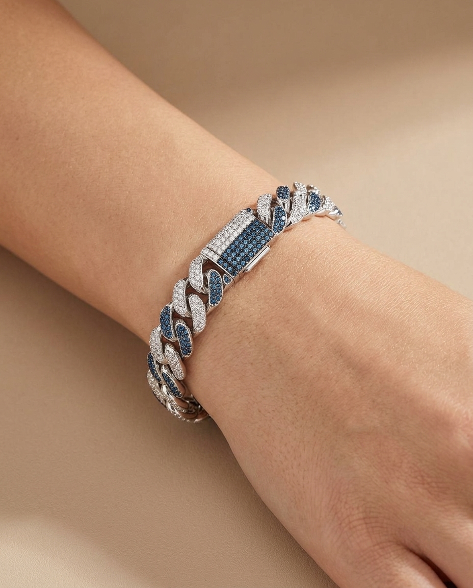 14KT Gold White and Blue Diamond Miami Cuban Bracelet on model