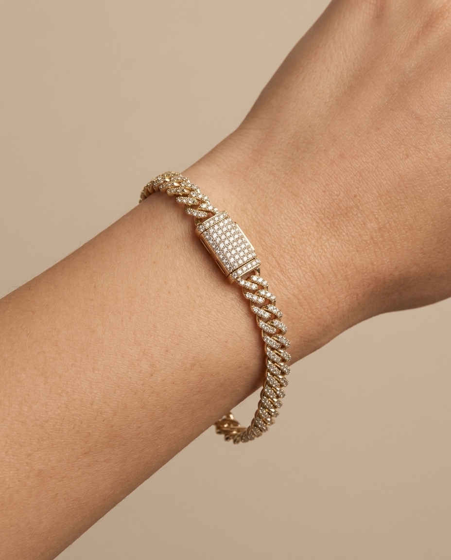 14KT Gold Diamond Miami Cuban Bracelet (3 MM) on model