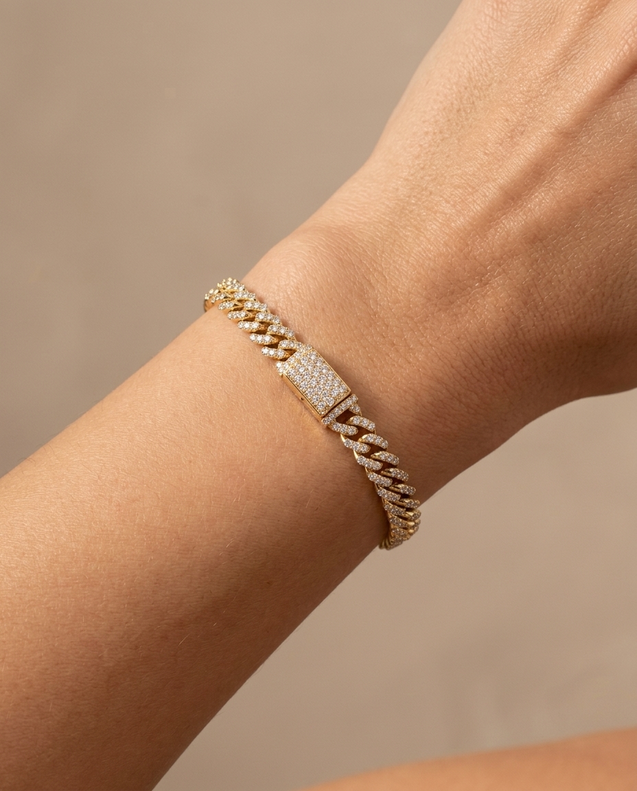 14KT Gold Diamond Miami Cuban Bracelet (4 MM) on model