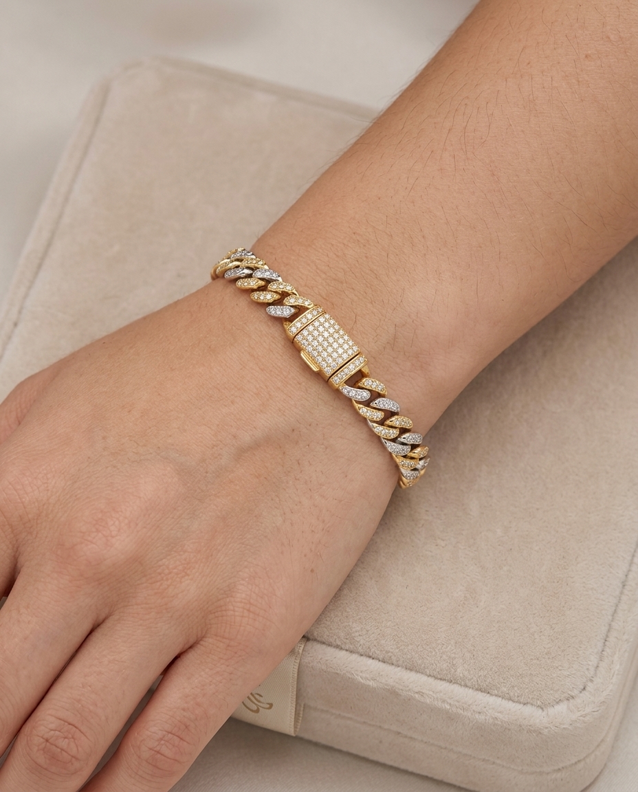 14KT Two Tone Gold Diamond Miami Cuban Bracelet (4 MM) on model