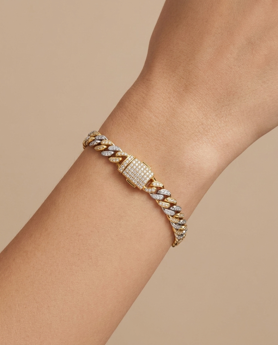 14KT Two Tone Gold Diamond Miami Cuban Bracelet (4 MM) on model