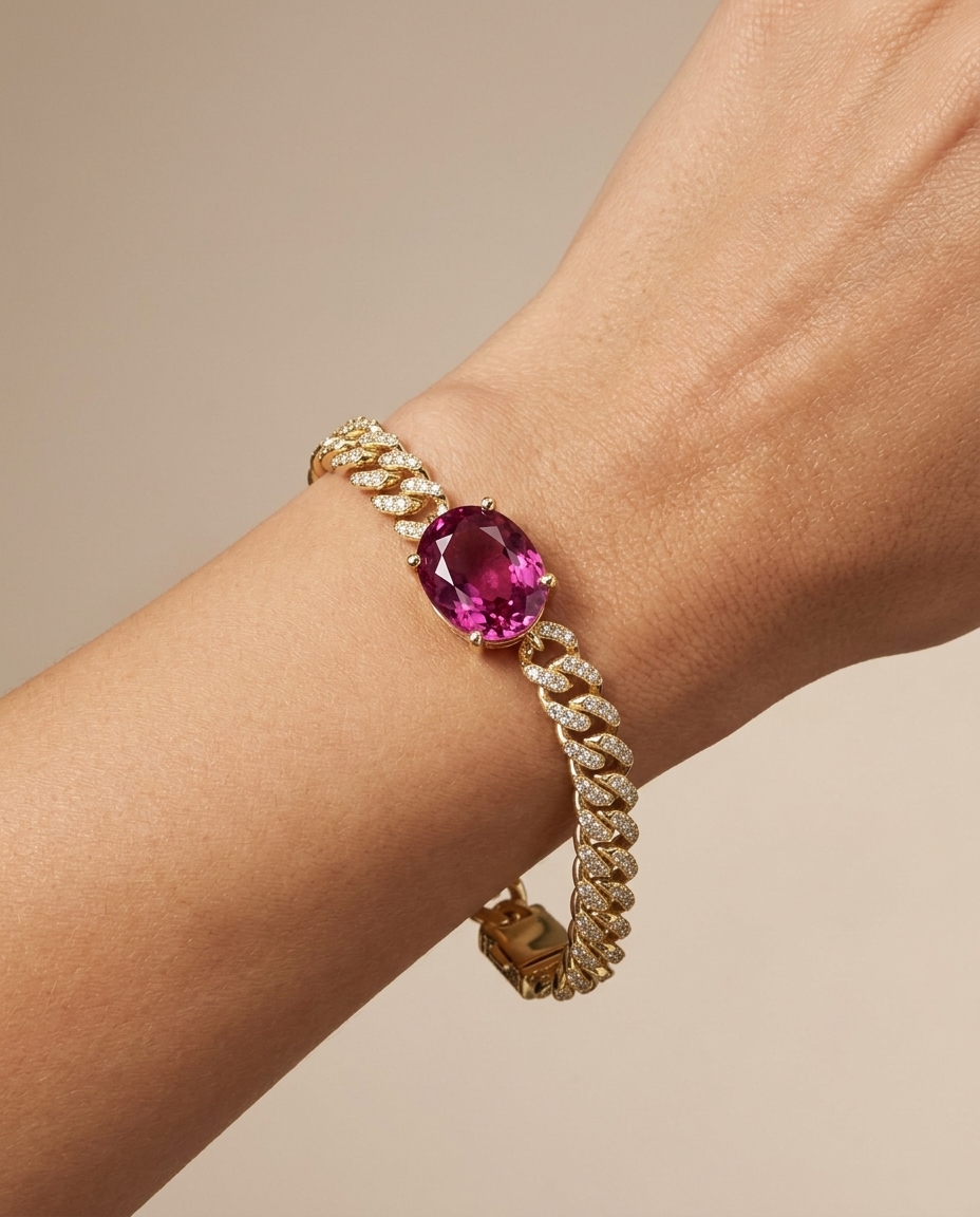14KT Yellow Gold Tourmaline and Diamonds Cuban Bracelet on model