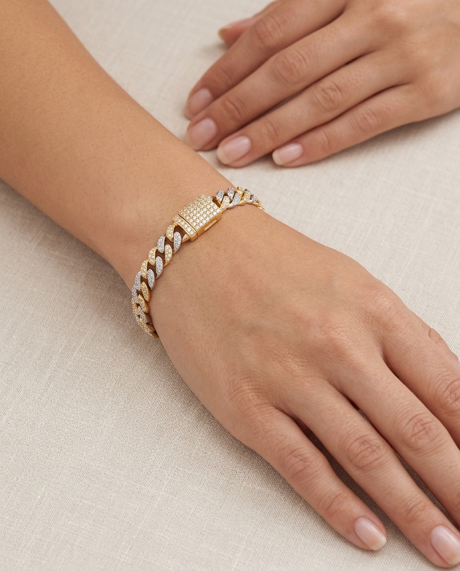 14KT Two Tone Gold Diamond Miami Cuban Bracelet (4 MM) on model