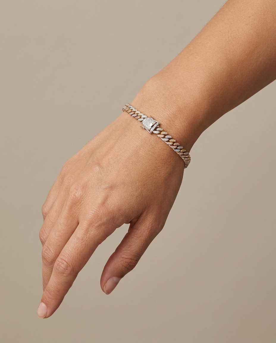14KT Three Tone Gold Diamond Miami Cuban Bracelet (4 MM) on model